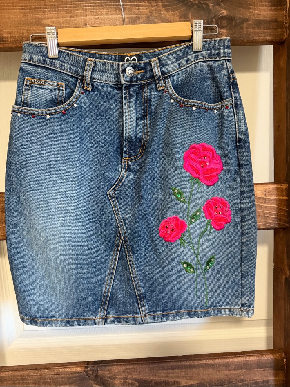 Vintage Y2K XOXO Jeans Embroidered Rose Rhinestone Denim Skirt - 3/4